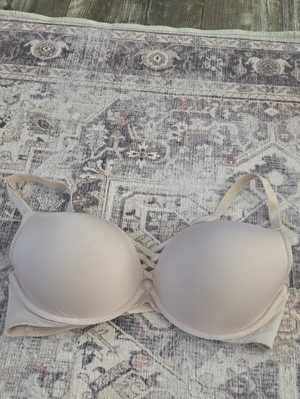 Neutral Beige Padded Push-Up Bra with Crisscross Detail